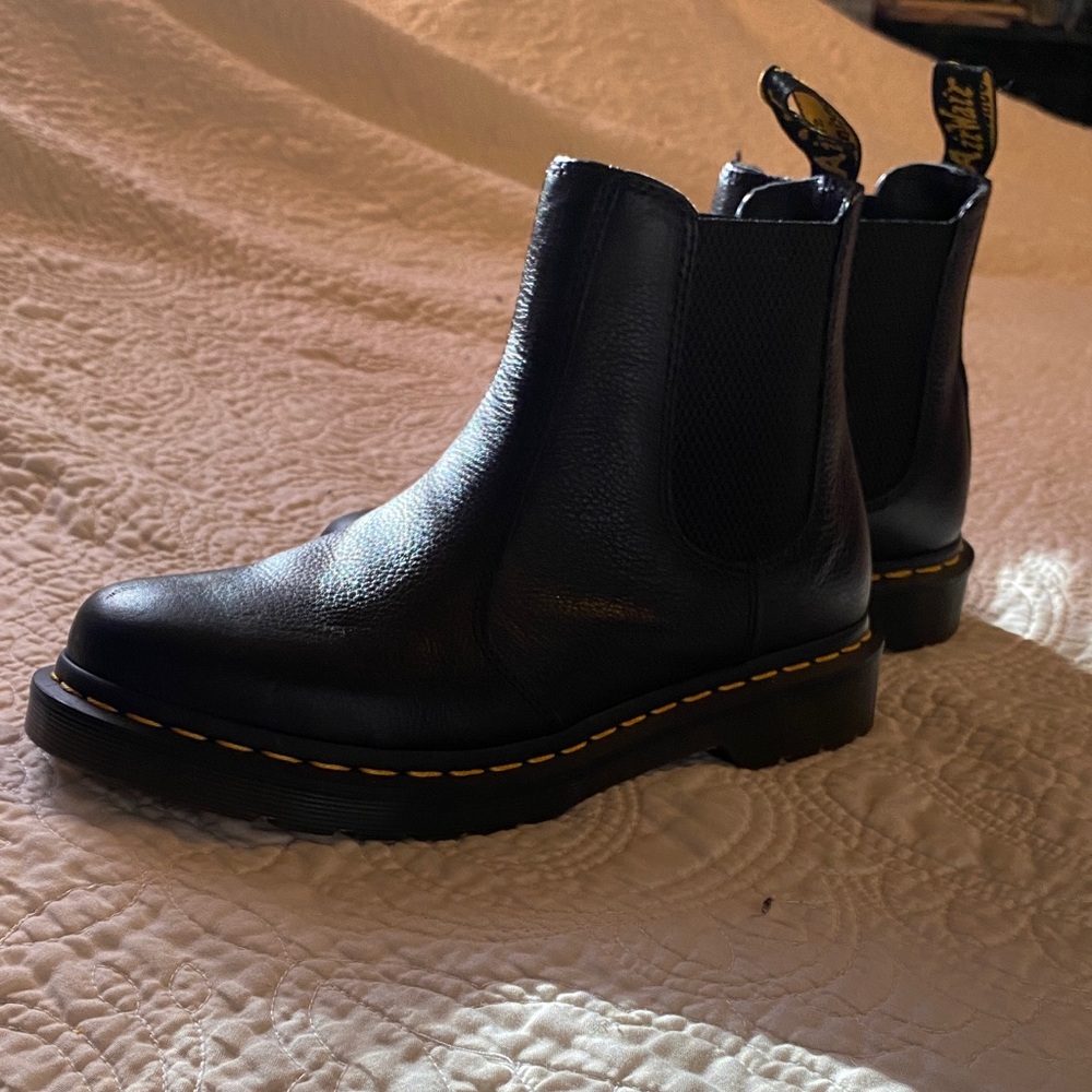 Dr. Martens Black Leather Booties with Yellow Stitching